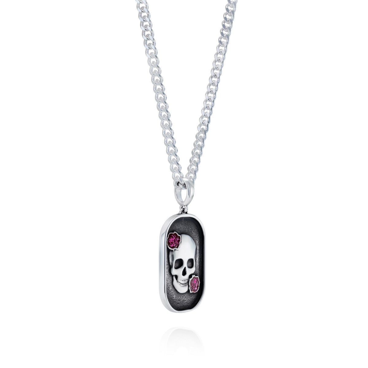 Skull and Roses Rounded Rectangular Pendant, 25 mm - 45 degree view