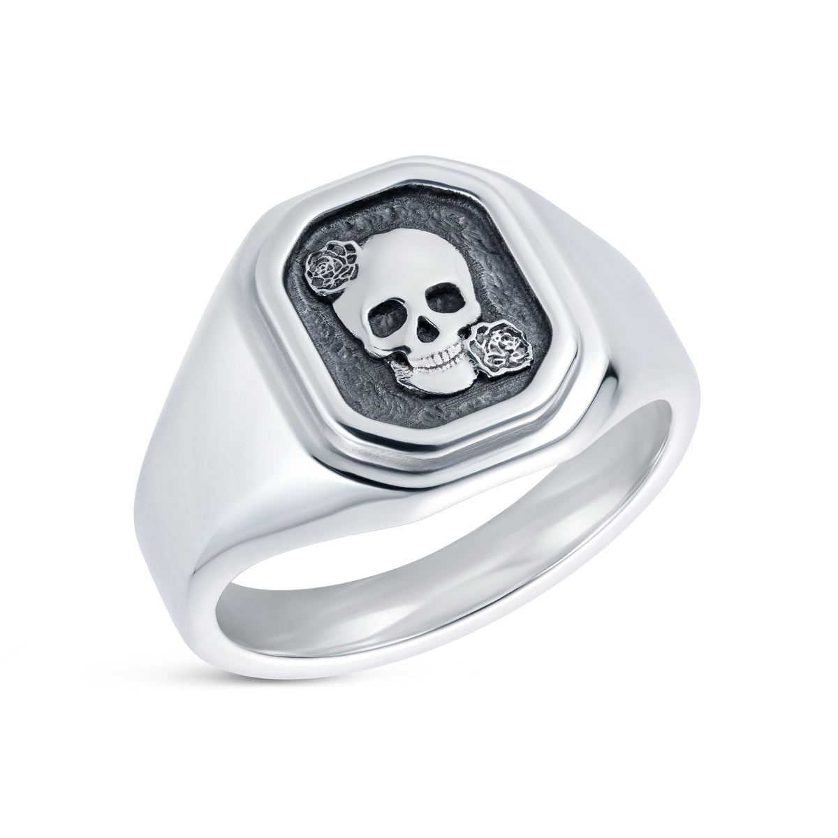 Skull and Roses Signet Ring - 45 degree view