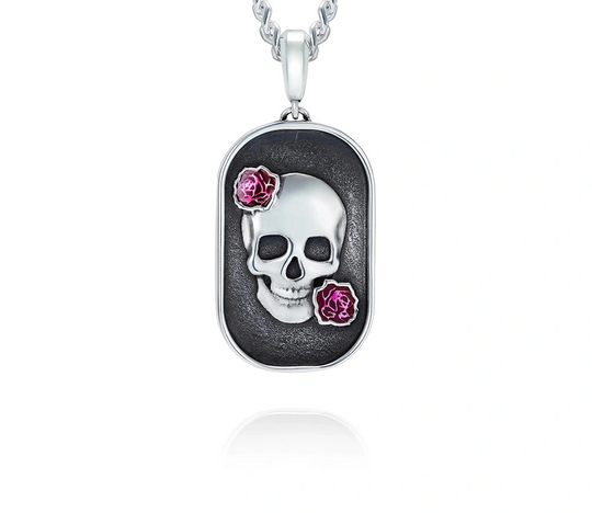 Skull and Roses Rounded Rectangular Pendant, 25 mm