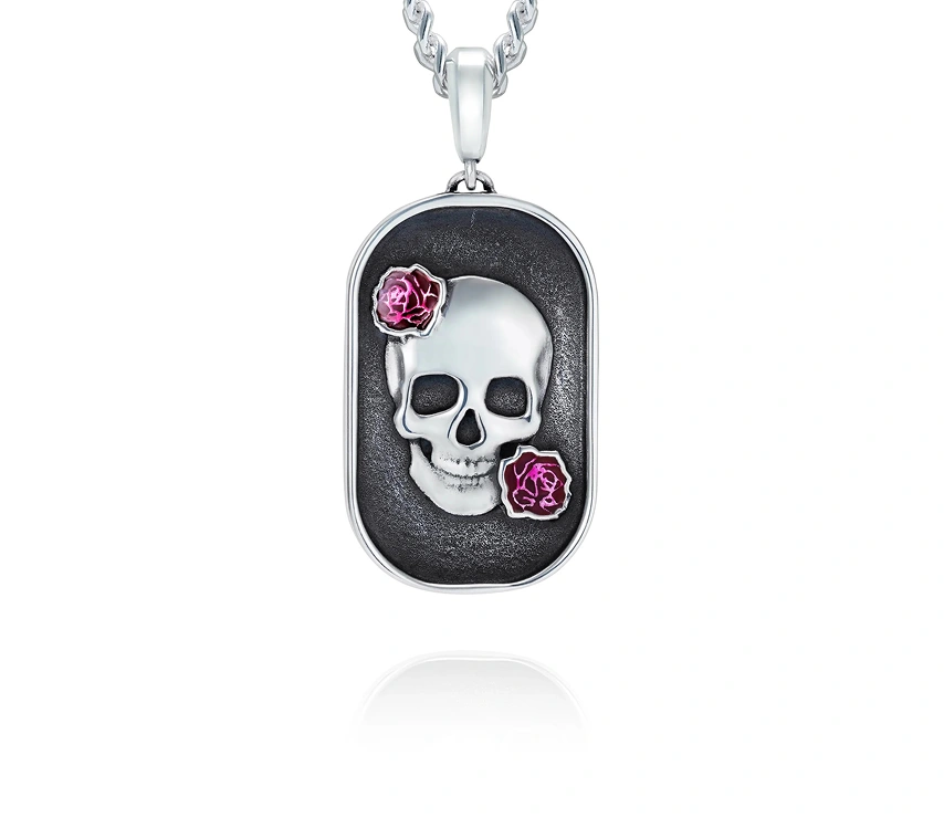 Skull and Roses Rounded Rectangular Pendant, 25 mm